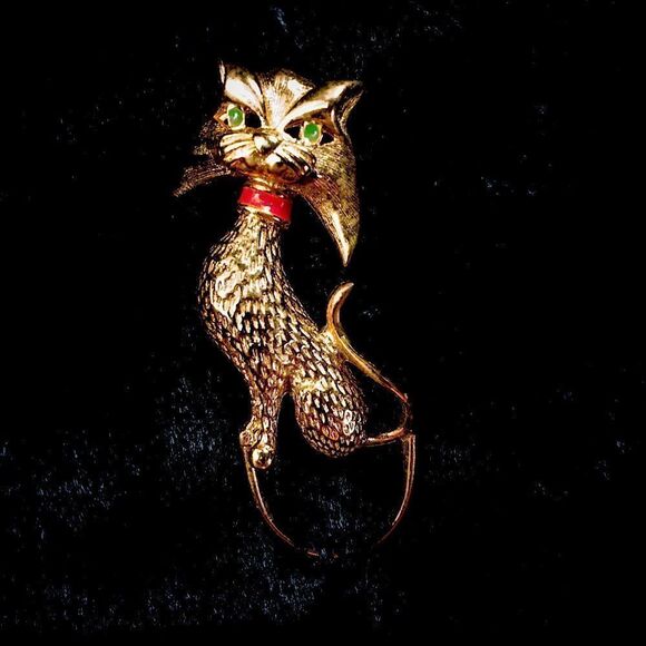 Vintage Retro Green Eyed Kitty Cat Brooch Pin - Picture 2 of 5